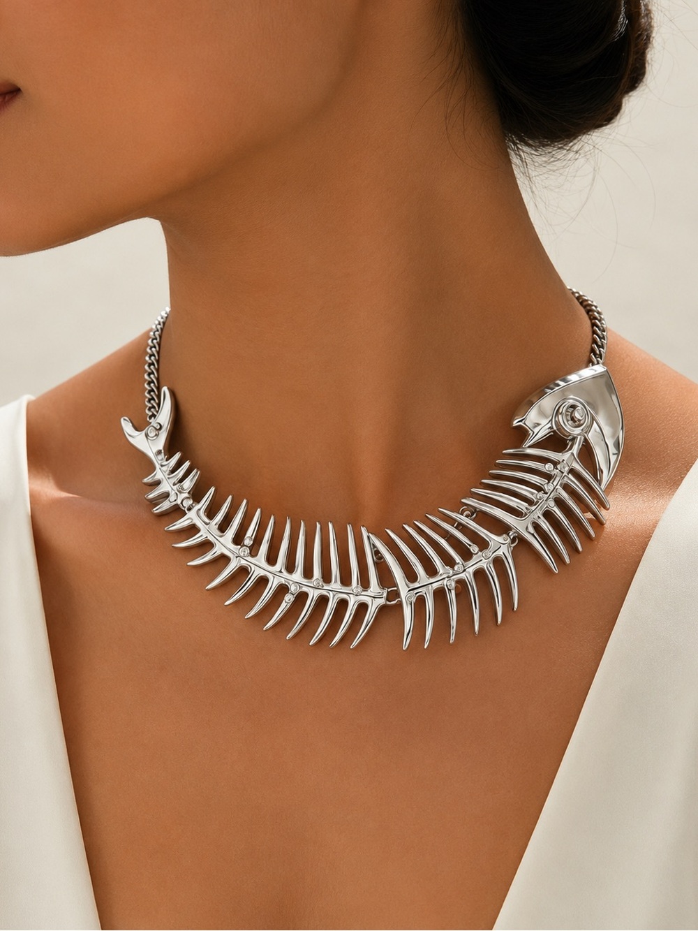 Silver Fishbone Collar Necklace